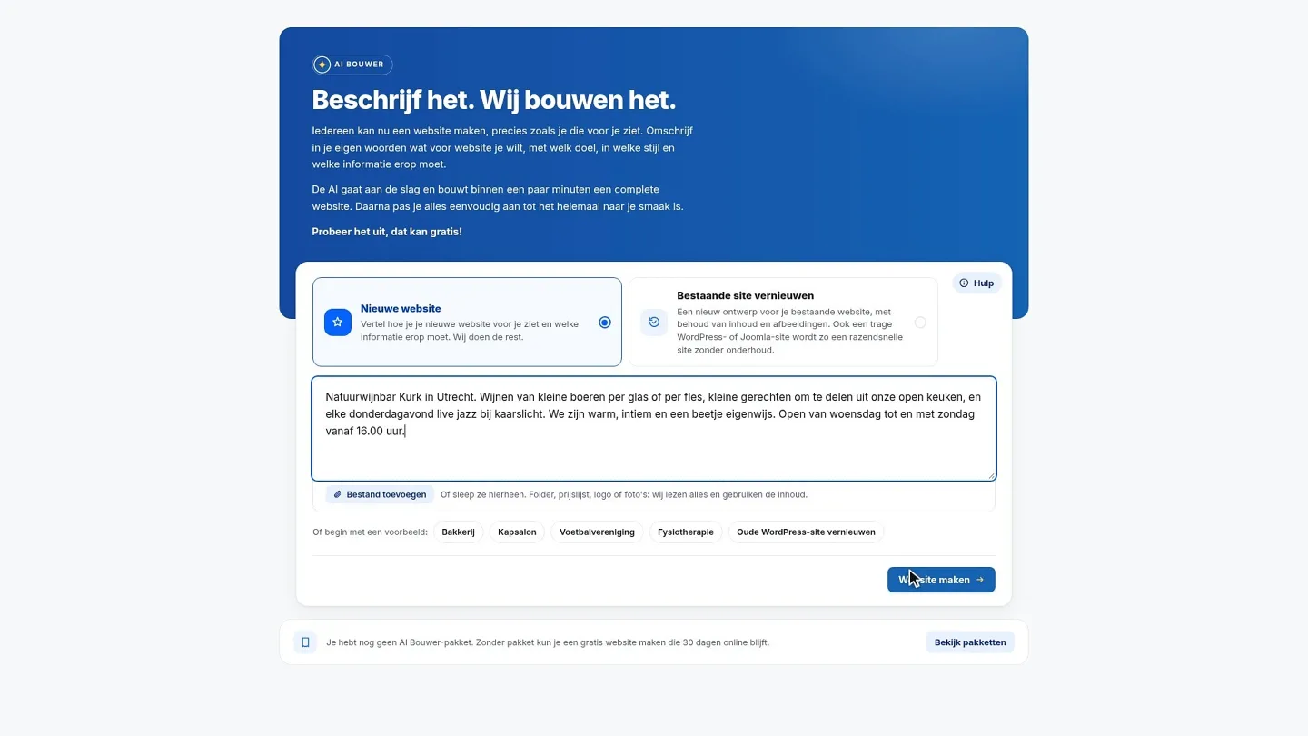 The start screen of the AI Builder: under New website is the description of a natural wine bar in Utrecht, with the button to create the website at the bottom right.