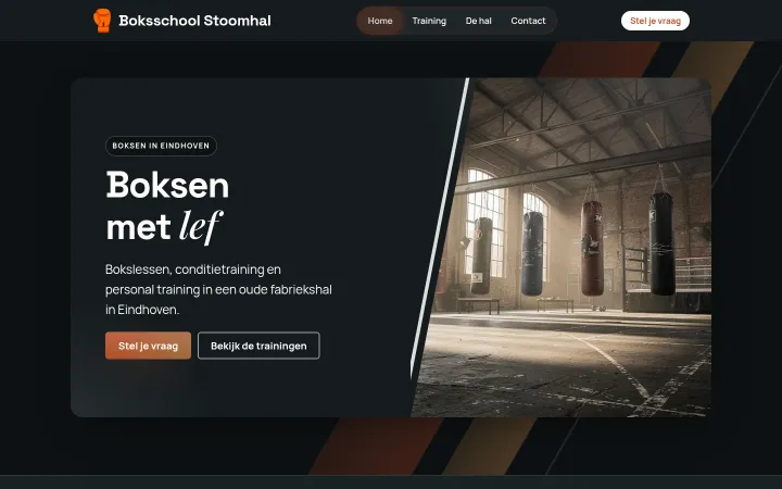 Homepage of Boksschool Stoomhal, an example website created with the WebOké AI Builder