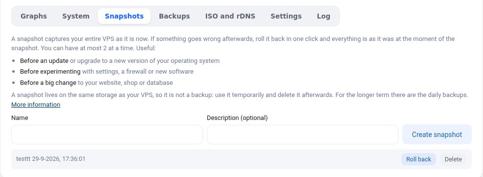 The Snapshots tab in the VPS screen